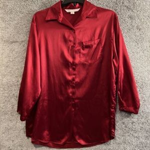 Victoria's Secret Vintage Button Down Sleep Shirt Satin Gown Red Long Sleeves